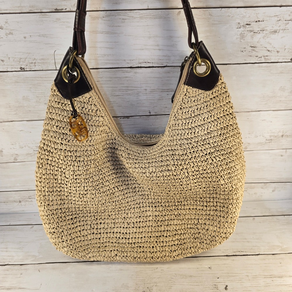 Lauren Ralph Lauren Woven Straw Hobo Bag Beige Brown Leather Trim RL Charm Large